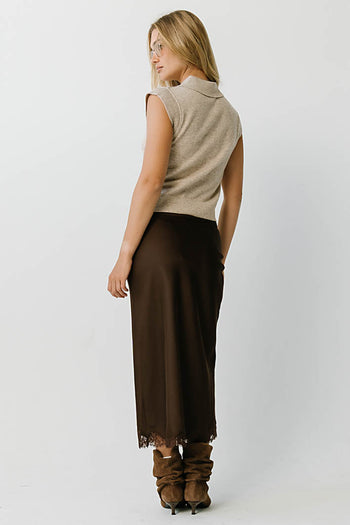 Tory Satin Lace Maxi Skirt in Brown