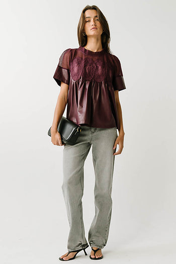 Amaia Crochet Leather Top in Wine