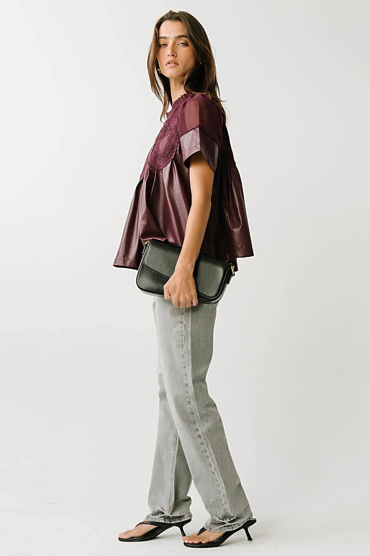 Amaia Crochet Leather Top in Wine