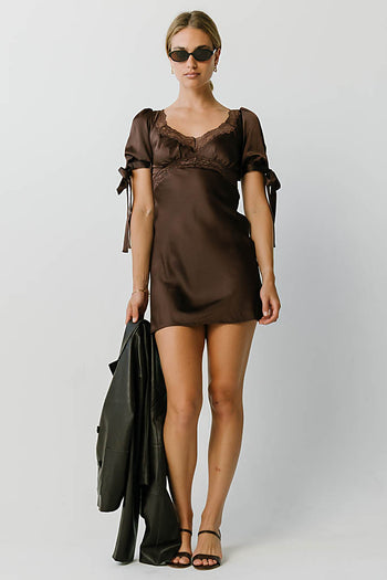 Amanda Lace Trim Mini Dress in Brown