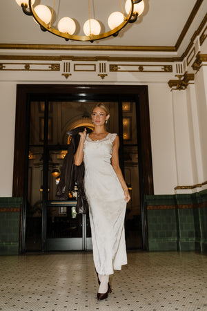Sutton Lace Shoulder Satin Dress