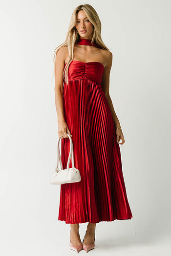 Lina Accordion Maxi Dress in Red