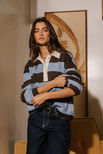 Annaleah Striped Polo Sweater In Dusty Blue