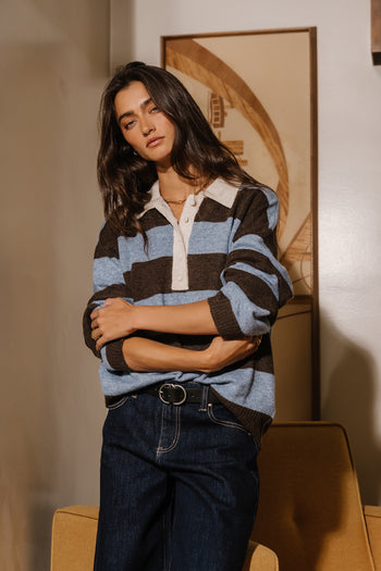 Annaleah Striped Polo Sweater In Dusty Blue