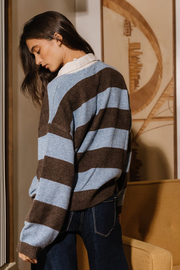 Annaleah Striped Polo Sweater In Dusty Blue