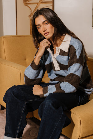 Annaleah Striped Polo Sweater In Dusty Blue