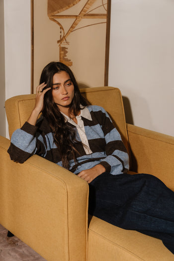 Annaleah Striped Polo Sweater In Dusty Blue