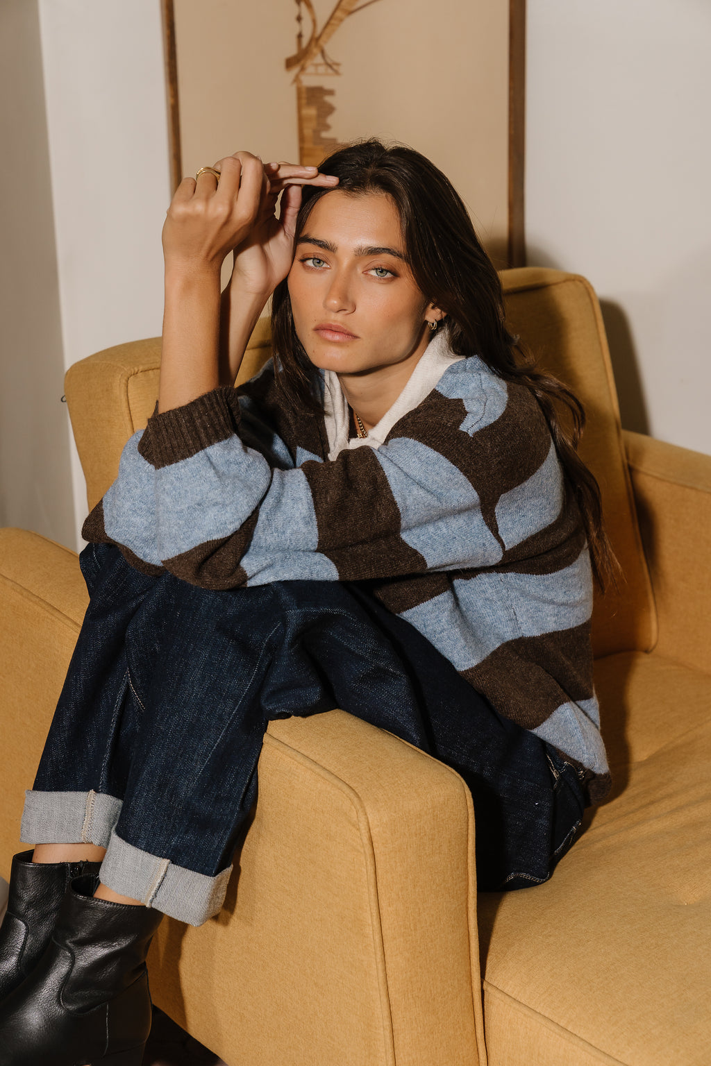 Annaleah Striped Polo Sweater In Dusty Blue