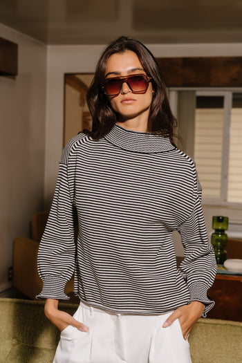 Isabel Mock Neck Striped Sweater in Black