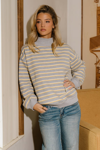 Audrina Striped Mock Neck Pullover in Heather Grey