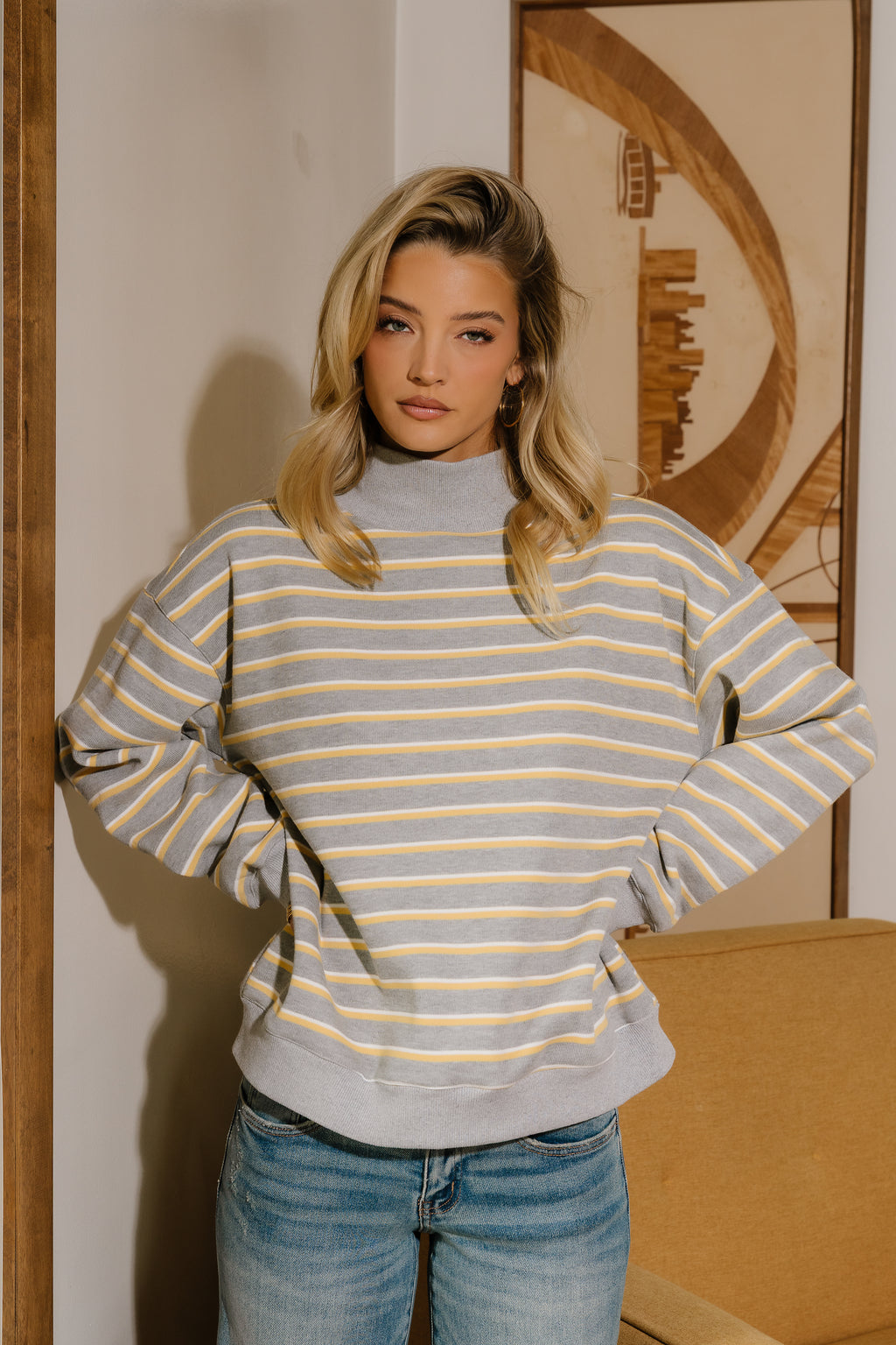 Audrina Striped Mock Neck Pullover in Heather Grey