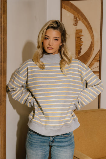 Audrina Striped Mock Neck Pullover in Heather Grey