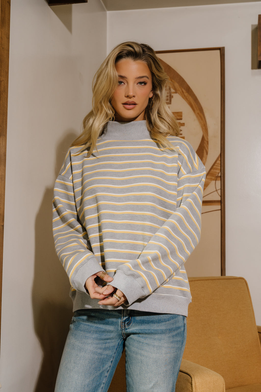 Audrina Striped Mock Neck Pullover in Heather Grey