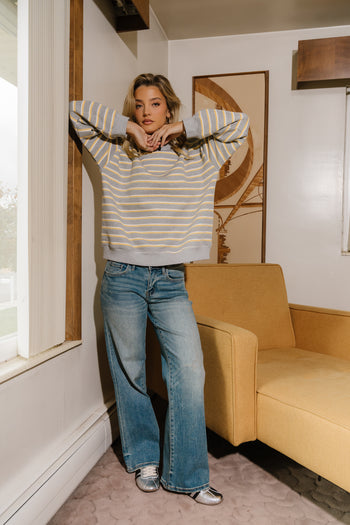 Audrina Striped Mock Neck Pullover in Heather Grey