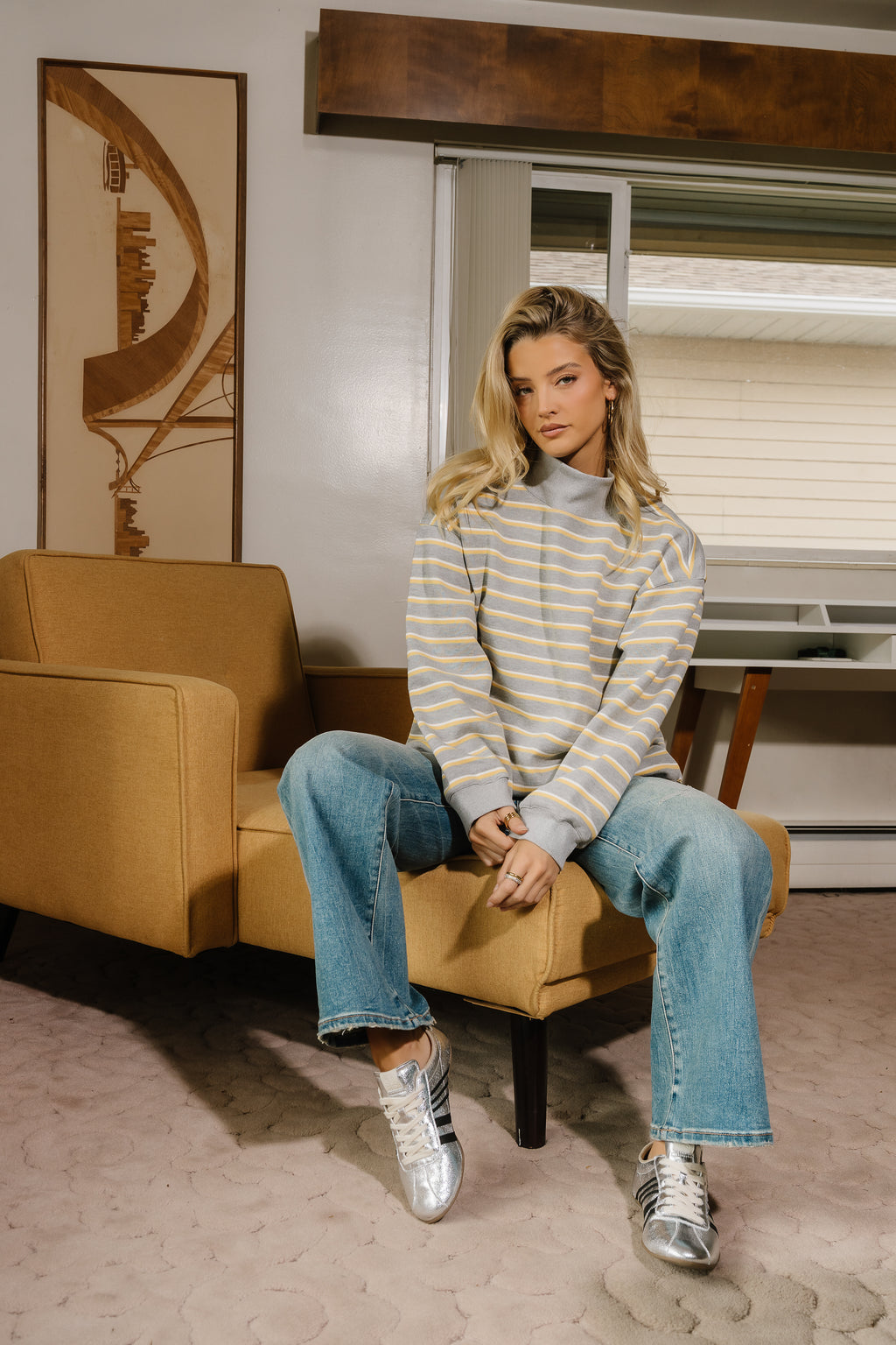 Audrina Striped Mock Neck Pullover in Heather Grey