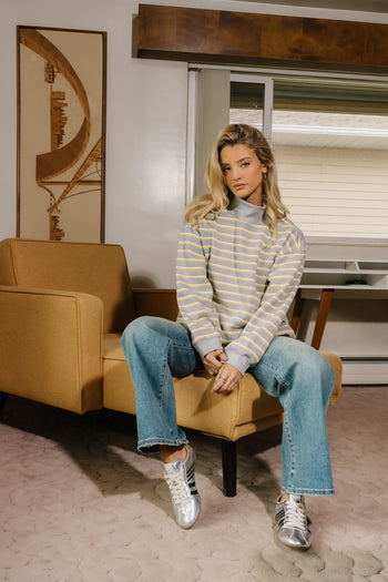 Audrina Striped Mock Neck Pullover in Heather Grey