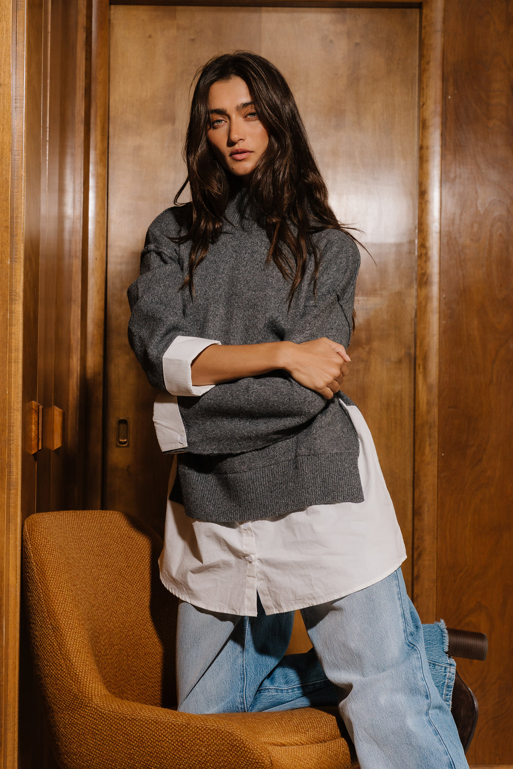 Lizzie Mixed Media Sweater in Charcoal