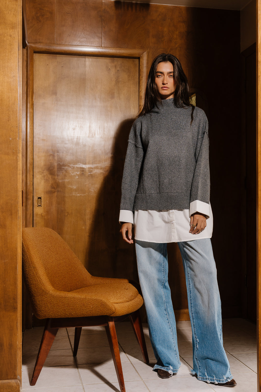 Lizzie Mixed Media Sweater in Charcoal