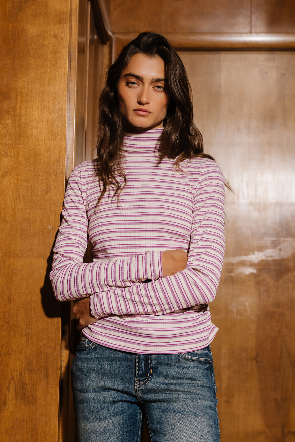 Kaden Striped Turtleneck Top in Lavender