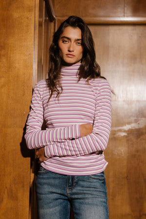 Kaden Striped Turtleneck Top in Lavender