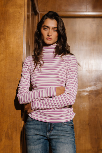 Kaden Striped Turtleneck Top in Lavender