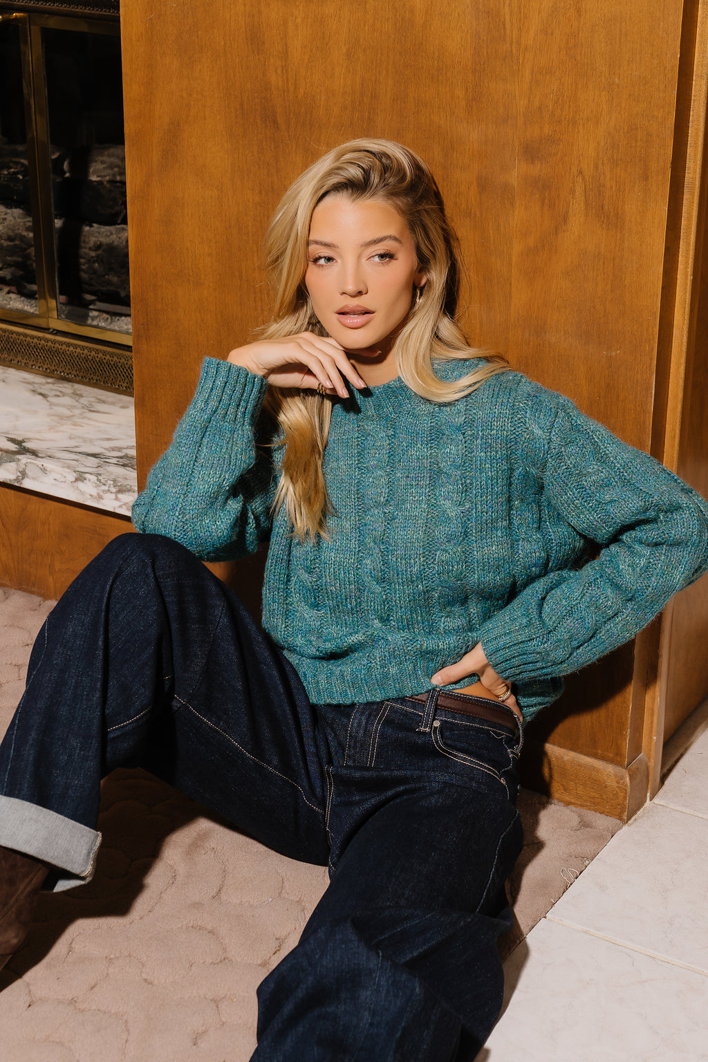 Sage Marled Cable Knit Sweater Top
