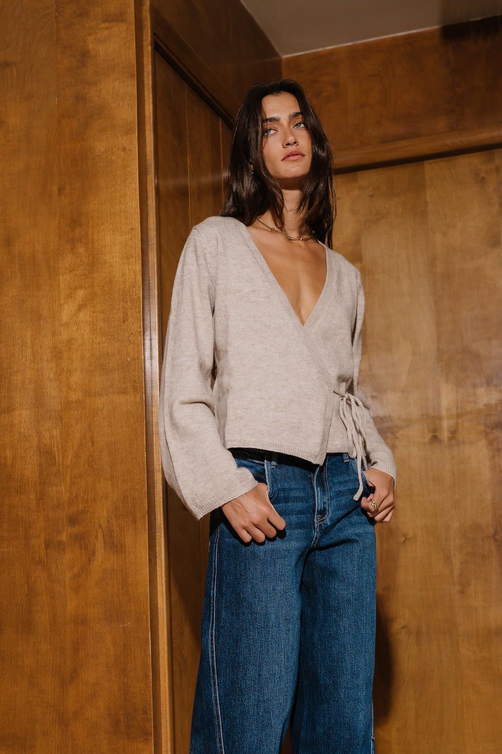 Aurelia Flared Wrap Sweater In Taupe