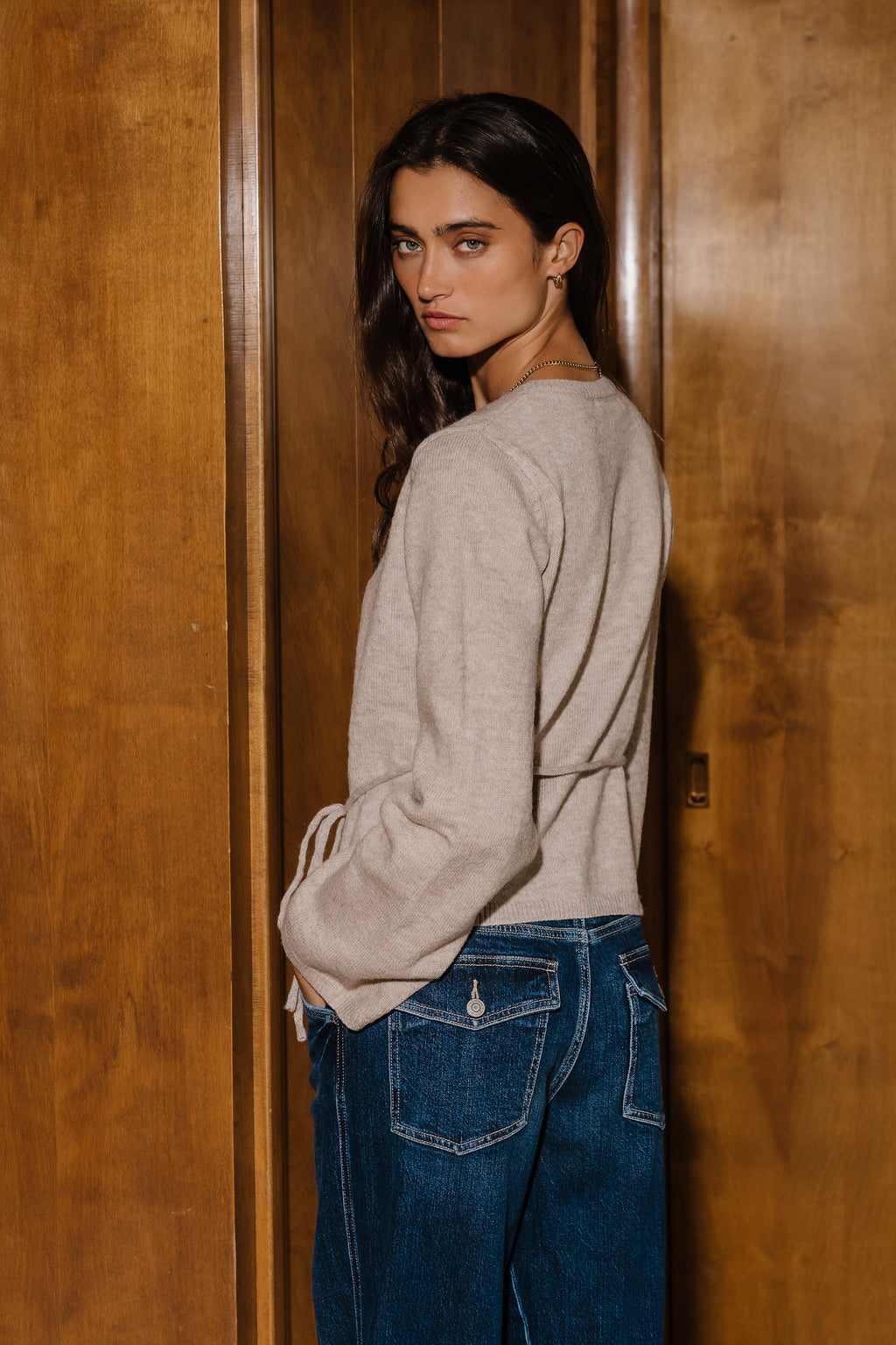 Aurelia Flared Wrap Sweater In Taupe