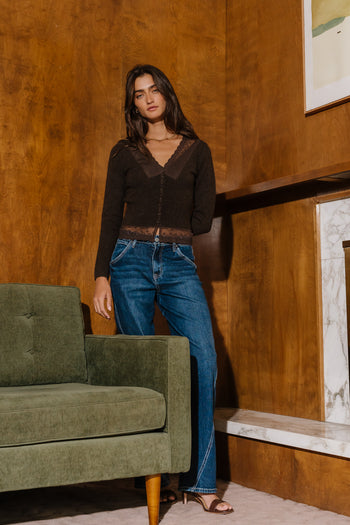 Angie Lace Trim Sweater in Brown