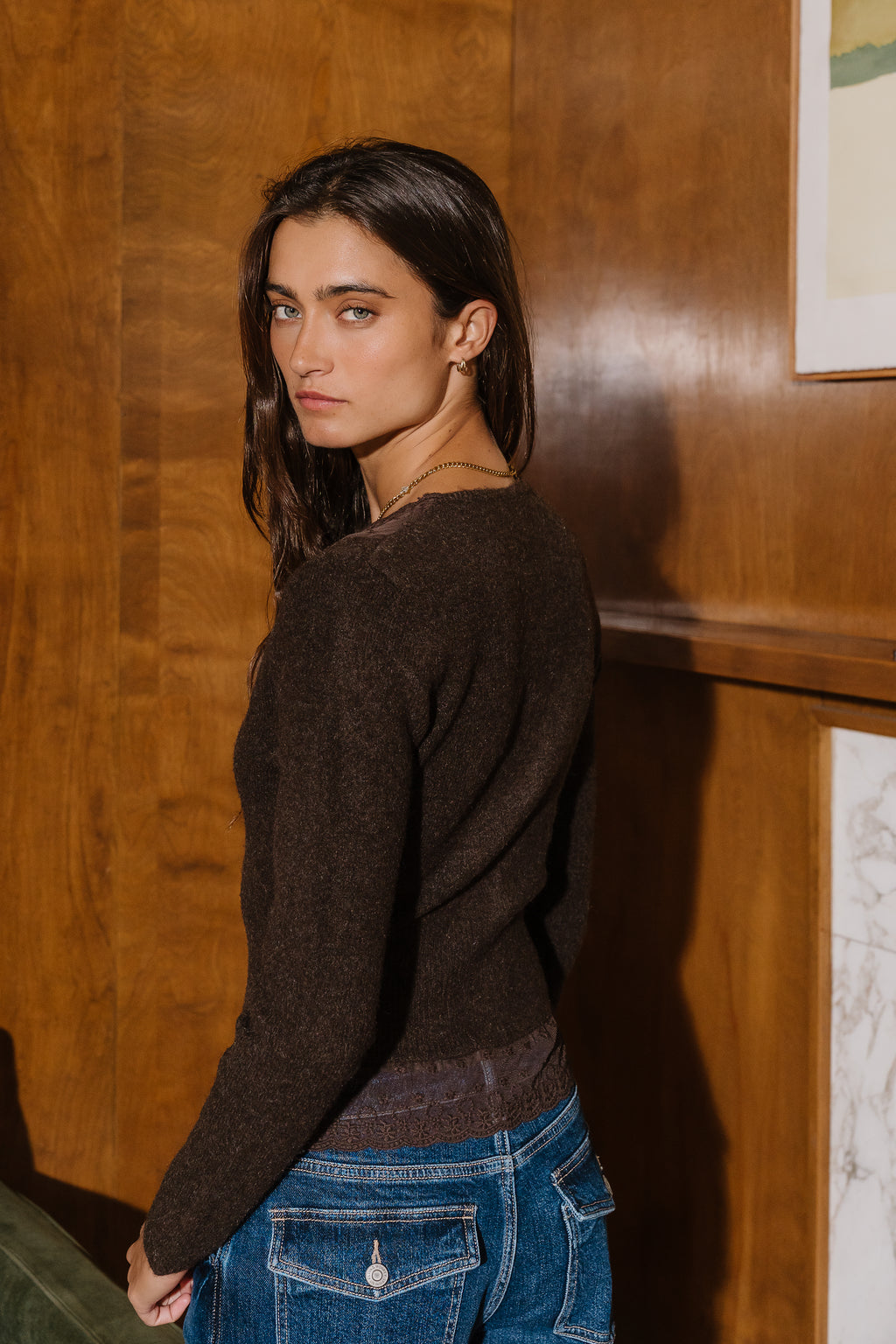 Angie Lace Trim Sweater in Brown