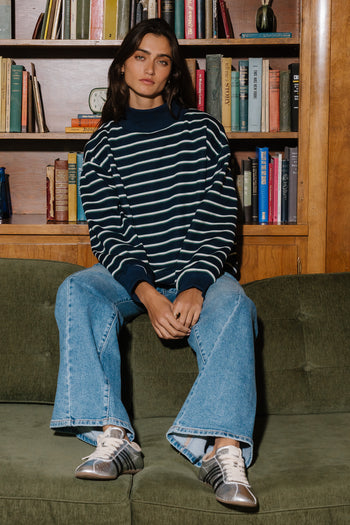 Audrina Striped Mock Neck Pullover In Navy