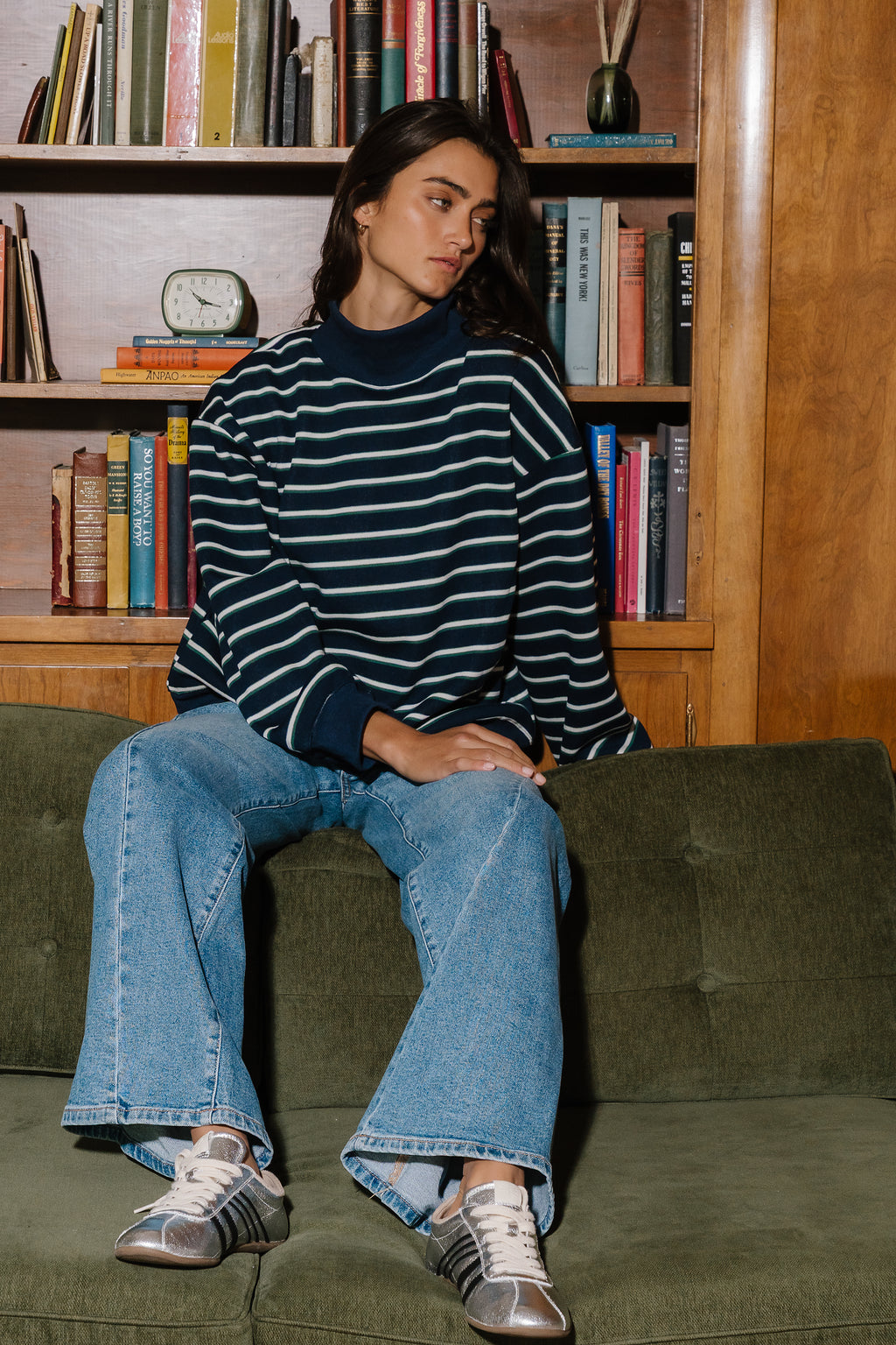 Audrina Striped Mock Neck Pullover In Navy