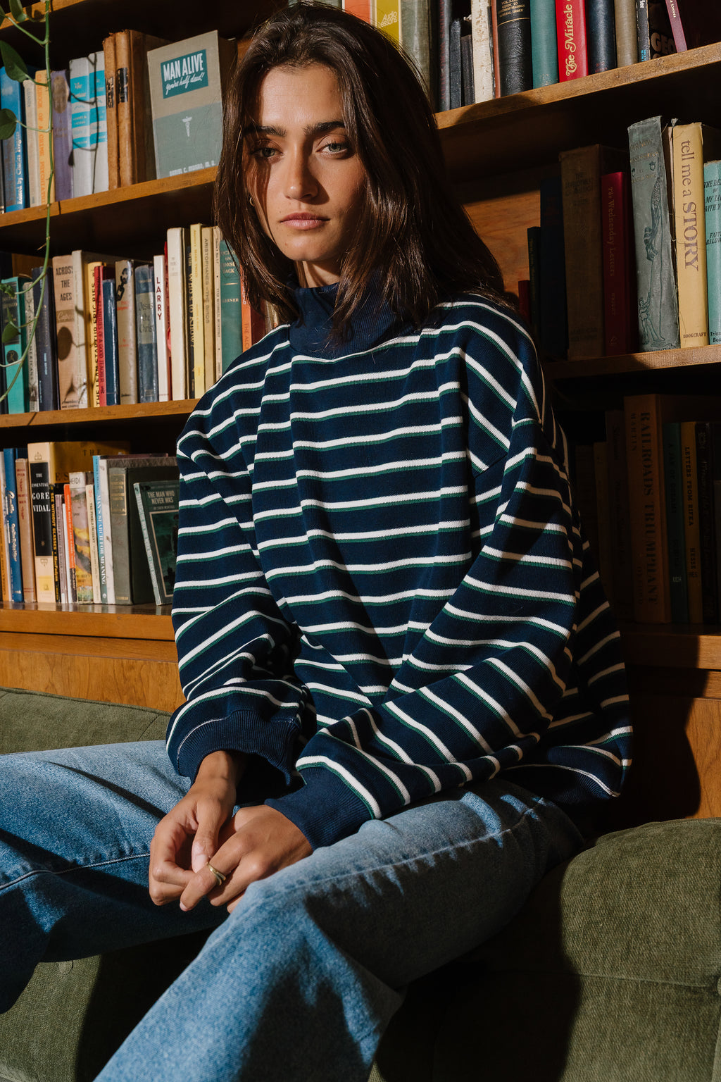 Audrina Striped Mock Neck Pullover In Navy