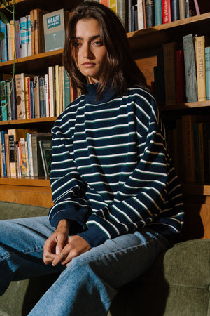 Audrina Striped Mock Neck Pullover In Navy