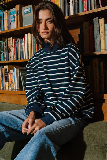 Audrina Striped Mock Neck Pullover In Navy