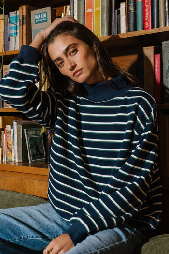 Audrina Striped Mock Neck Pullover In Navy