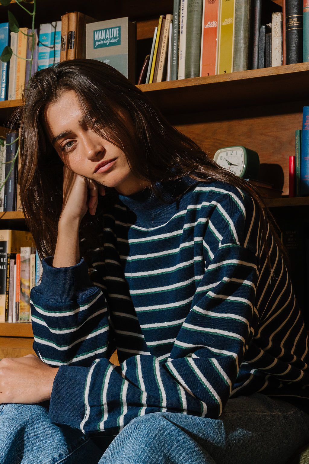 Audrina Striped Mock Neck Pullover In Navy