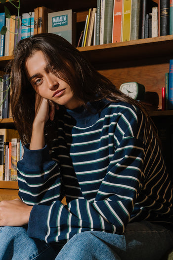 Audrina Striped Mock Neck Pullover In Navy
