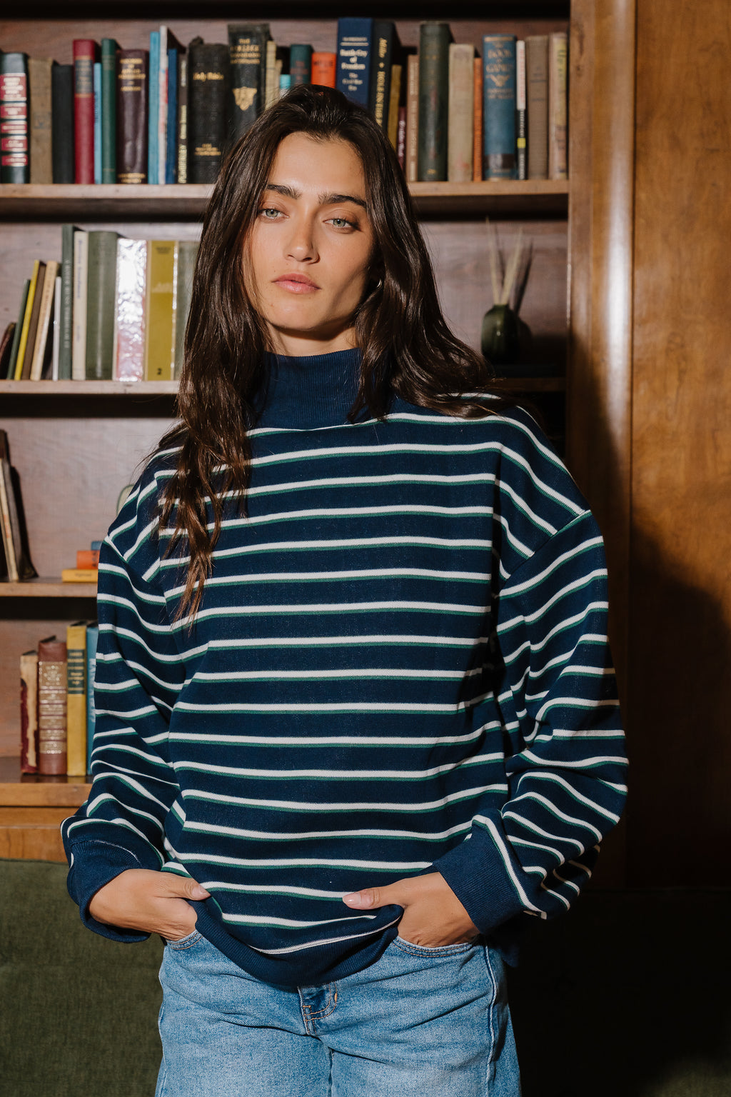 Audrina Striped Mock Neck Pullover In Navy