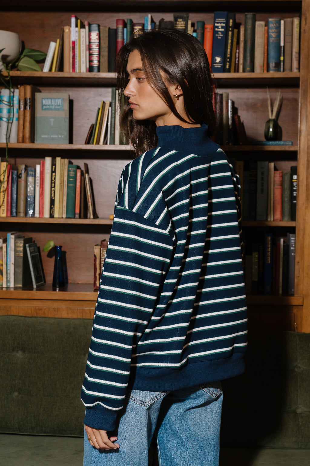 Audrina Striped Mock Neck Pullover In Navy