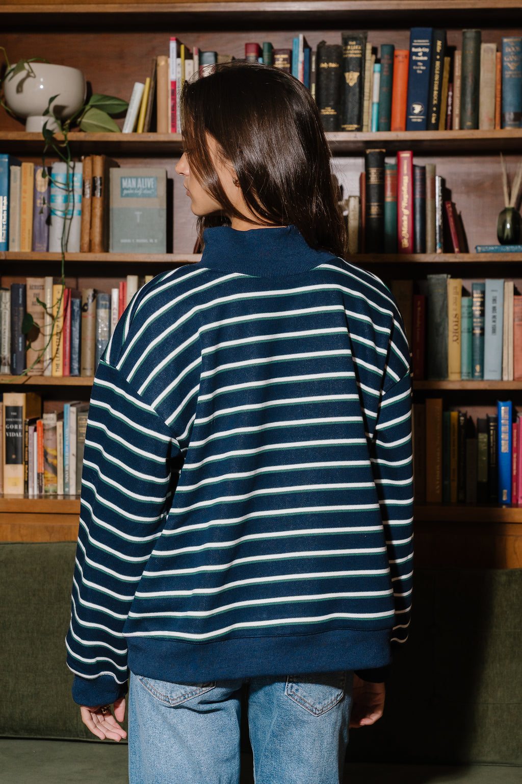 Audrina Striped Mock Neck Pullover In Navy