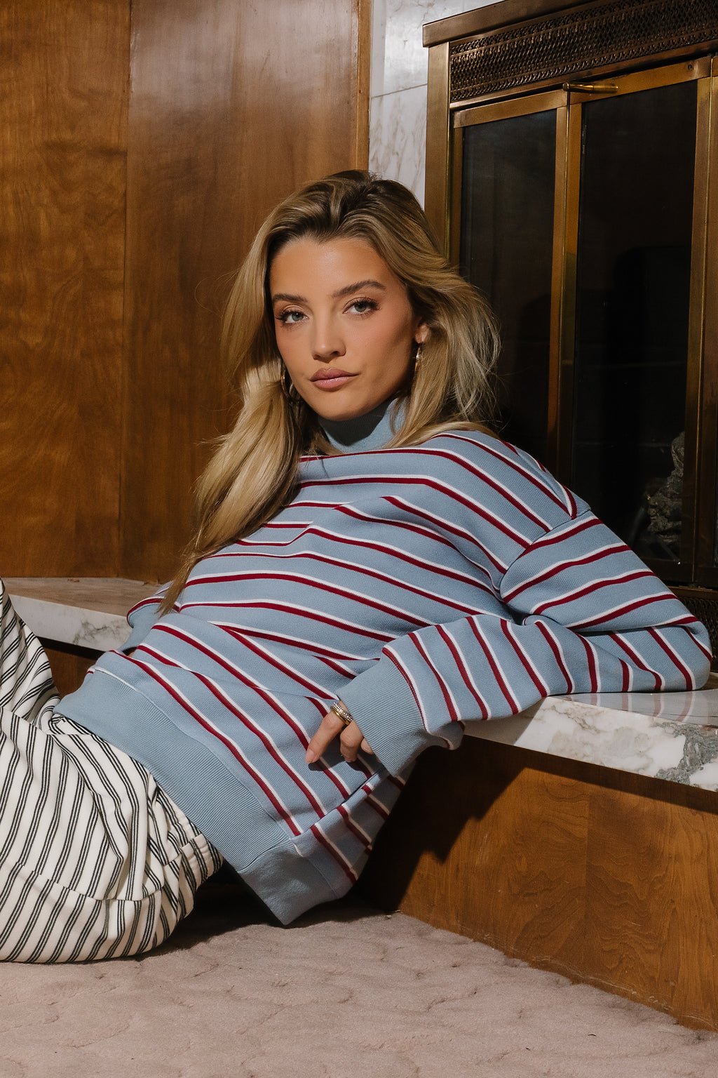 Audrina Striped Mock Neck Pullover in Blue