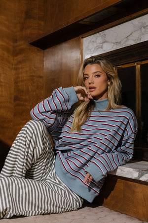 Audrina Striped Mock Neck Pullover in Blue