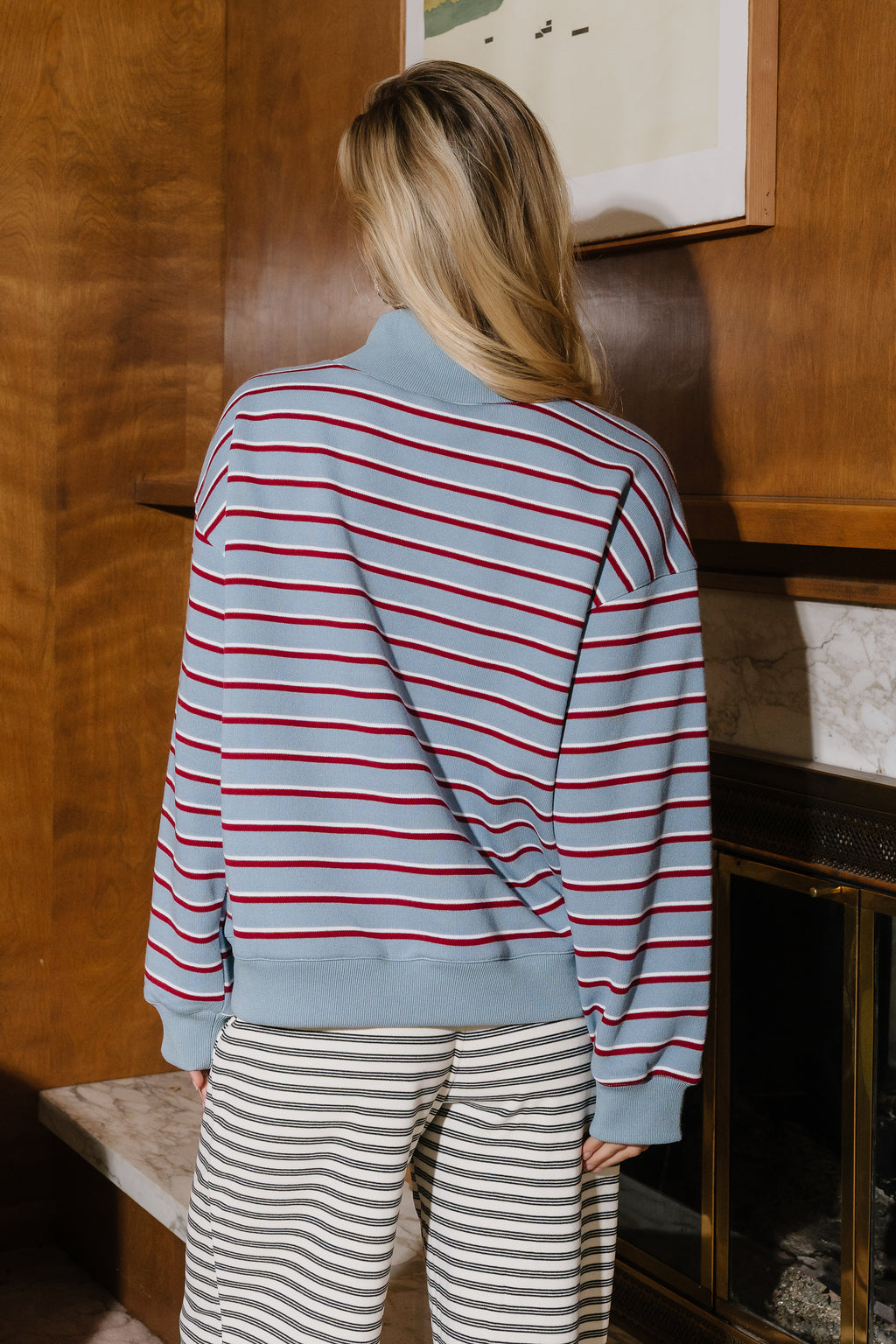 Audrina Striped Mock Neck Pullover in Blue