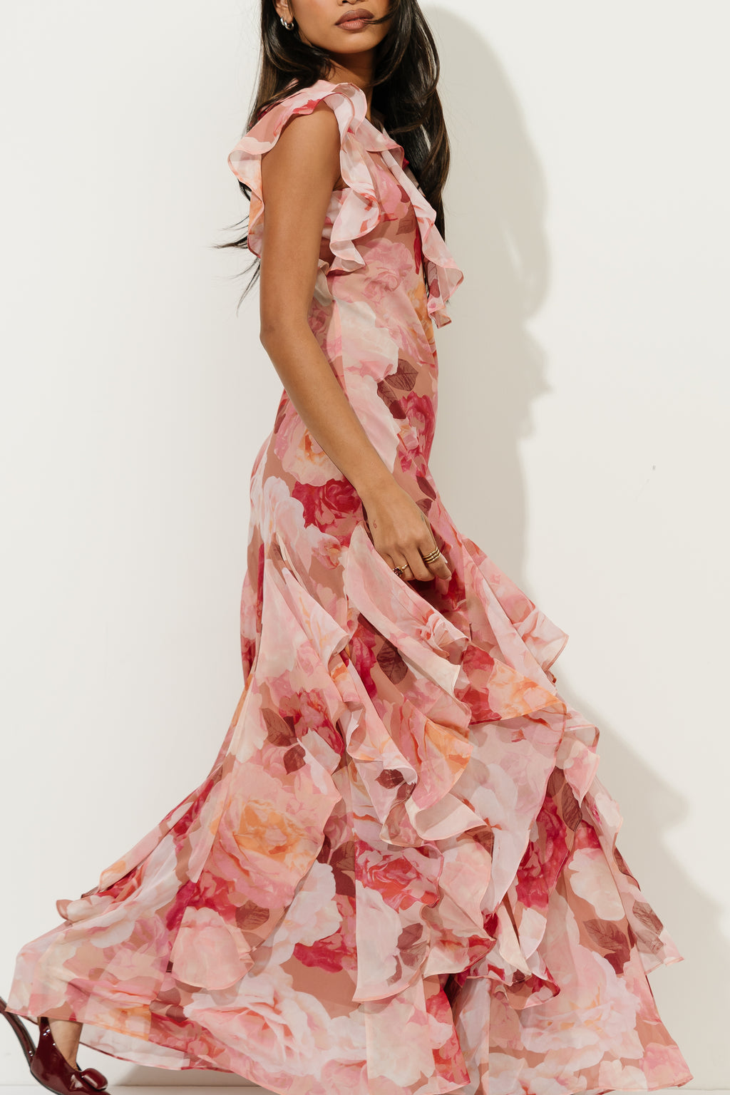 Lila Floral Ruffle Maxi Dress