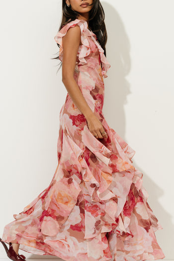 Lila Floral Ruffle Maxi Dress