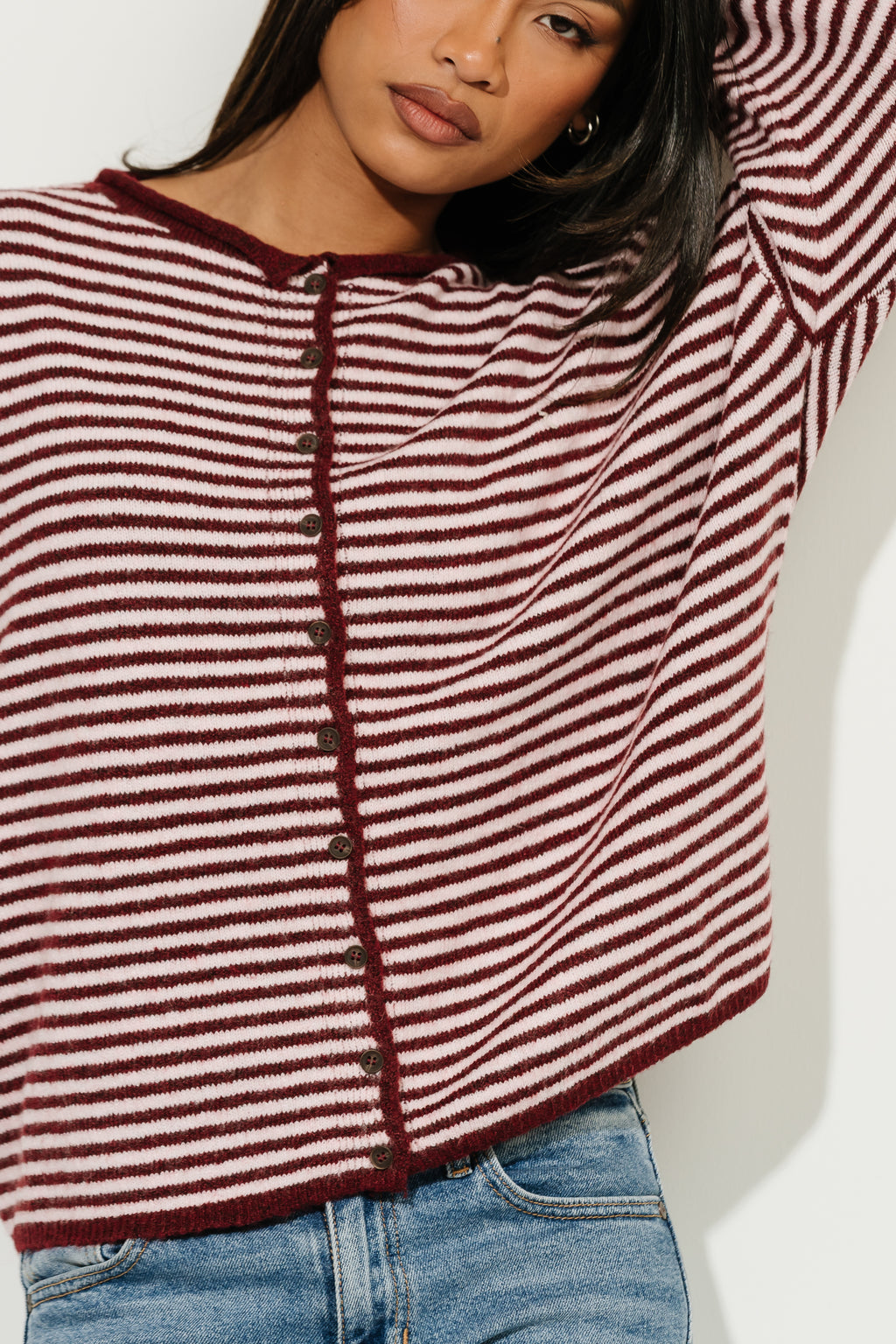 Melanie Striped Cardigan in Burgundy