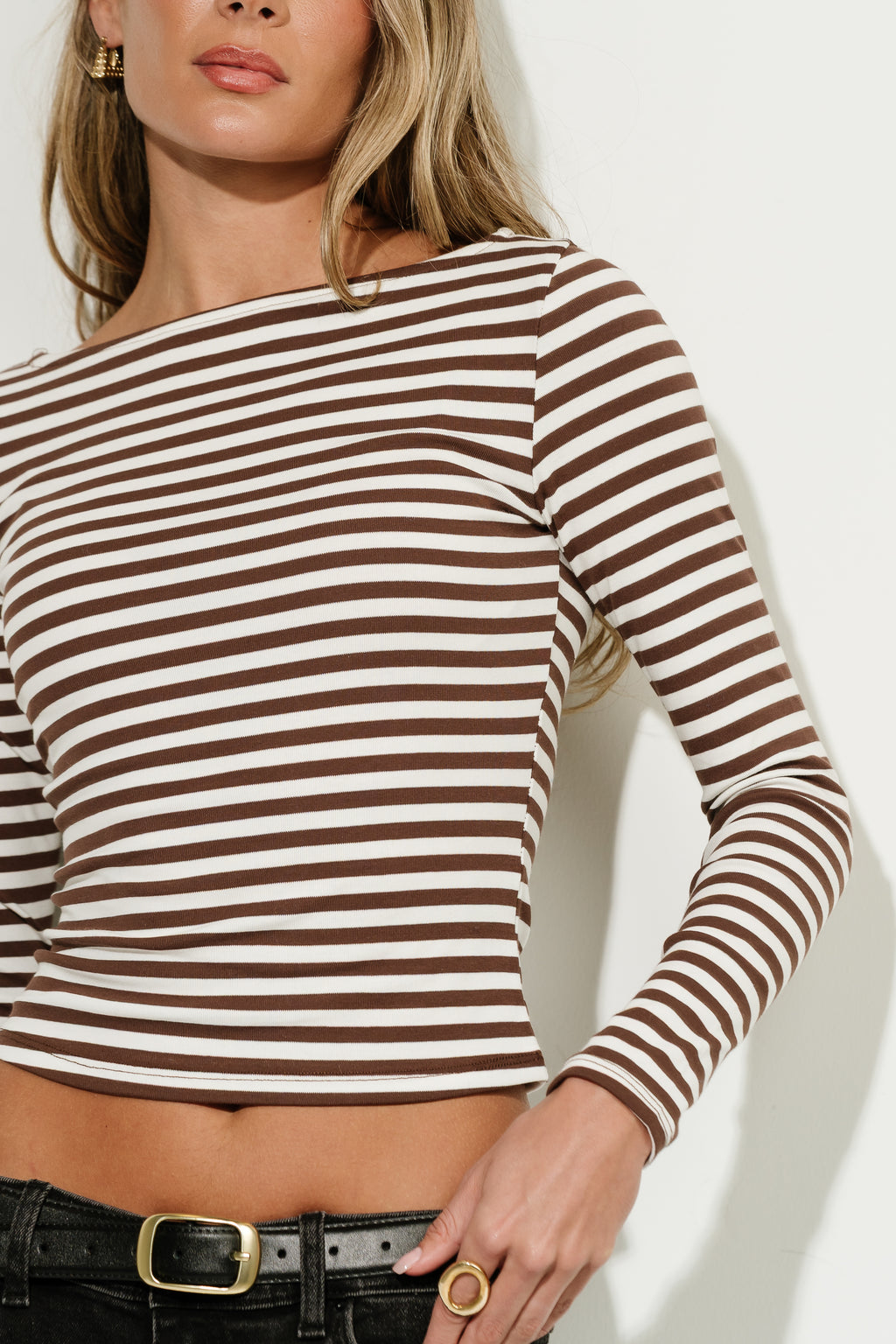 Rilee Striped Boat Neck Top in Brown
