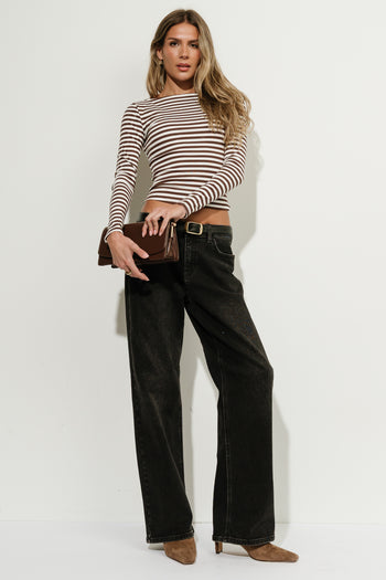 Rilee Striped Boat Neck Top in Brown