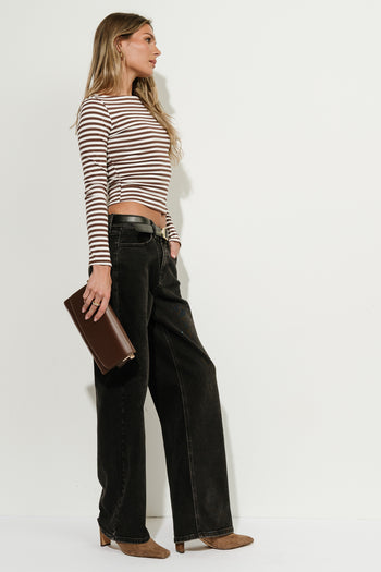 Rilee Striped Boat Neck Top in Brown